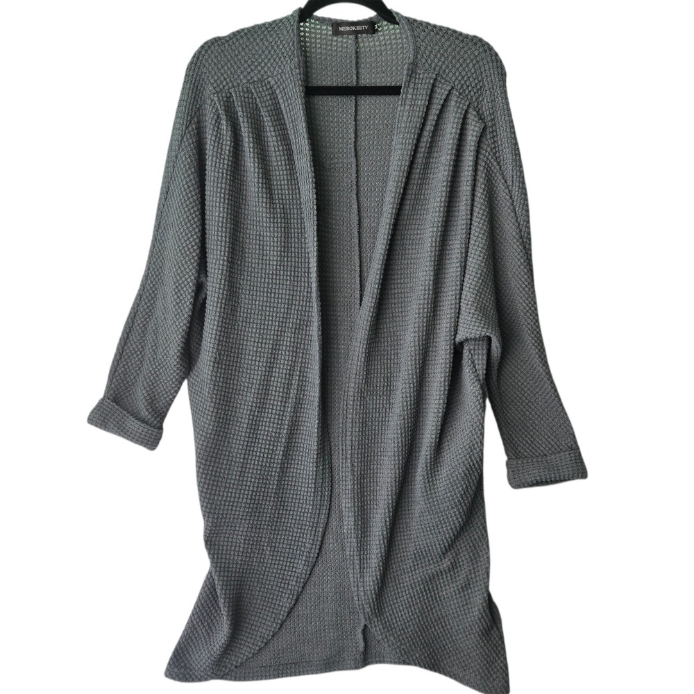 MEROKEETY Womens Gray Waffle Knit Open Front Cardigan Oversized Sweater Size M